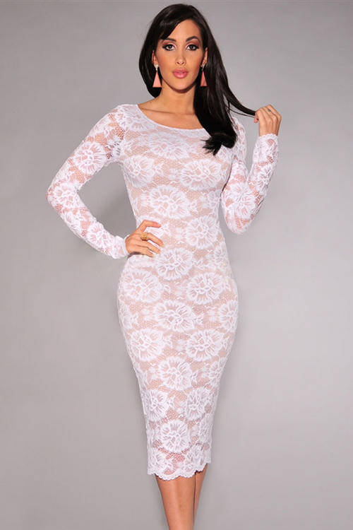 LUSCIOUS LACE LONG SLEEVE NUDE ILLUSION MIDI DRESS