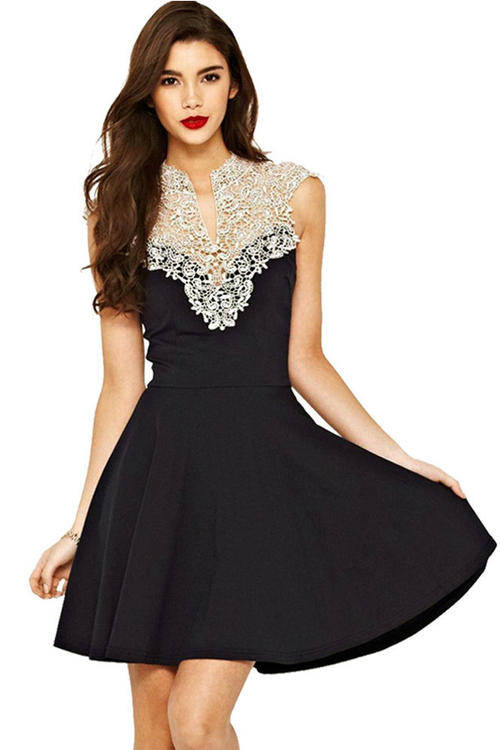 STUNNING HOLLOW OUT LACE CONTRAST NECKLINE DETAIL DRESS