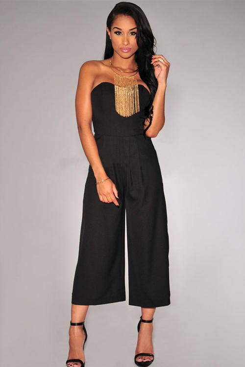 SEXY STRAPLESS SOLID BLACK JUMPSUIT