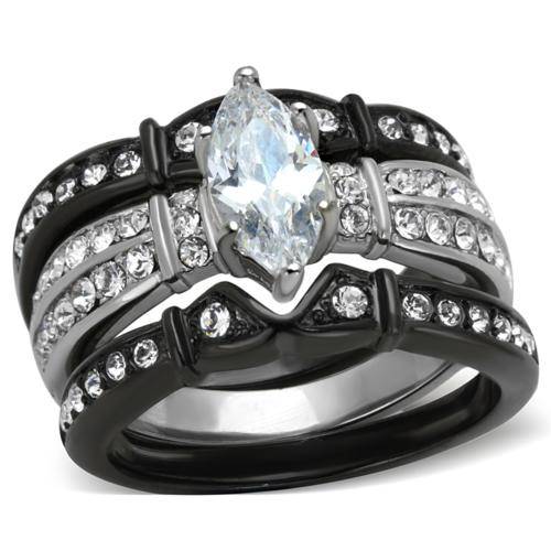 UNUSUAL BLACK STAINLESS STEEL SIMULATED DIAMOND LADIES WEDDING RING SET