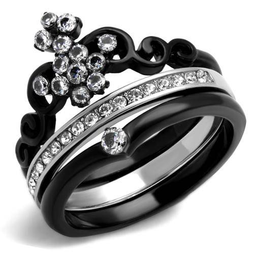 UNUSUAL BLACK STAINLESS STEEL SIMULATED DIAMOND LADIES WEDDING RING SET