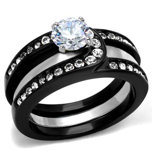 BEAUTIFUL SIMULATED DIAMOND BLACK STAINLESS STEEL WEDDING RING SET