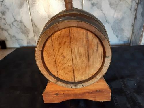 VINTAGE OAK WINE BARREL (300 mm) WITH BRASS HOOPS AND ON A CUSTOM MADE STAND