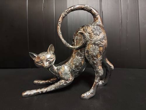 AWESOME SILVER METAL SOLID AND ORNATELY DECORATED PLAYFUL SIAMESE CAT