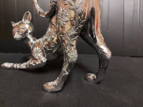AWESOME SILVER METAL SOLID AND ORNATELY DECORATED PLAYFUL SIAMESE CAT