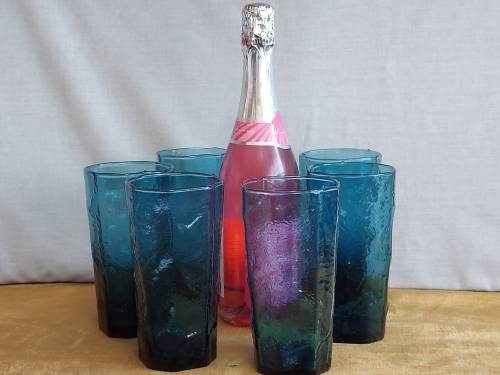 CARROL BOYES FUNCTIONAL ART:  STUNNING SET OF SIX  BLUE CLEAR GLASS TUMBLERS