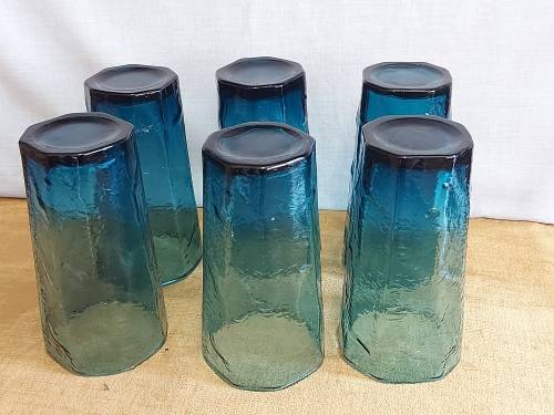 CARROL BOYES FUNCTIONAL ART:  STUNNING SET OF SIX  BLUE CLEAR GLASS TUMBLERS