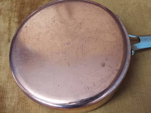 VINTAGE GEORG JENSEN TAVERNA DESIGN SOLID COPPER STRAIGHT SIDED SKILLET WITH A SILVER LINING