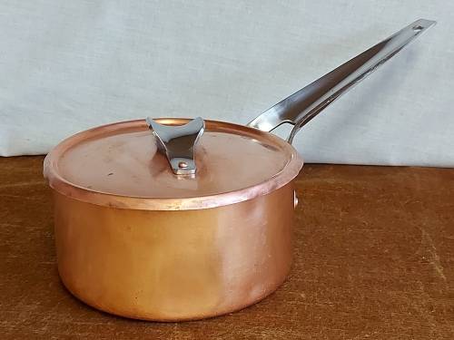 VINTAGE GEORG JENSEN TAVERNA DESIGN SOLID, THICK COPPER PAN HANDLE POT WITH A SILVER LINING
