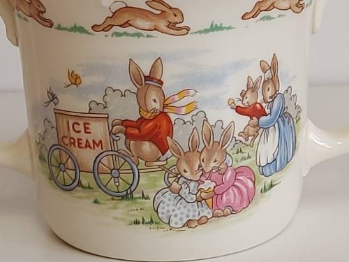 AWESOME ROYAL DOULTON BUNNYKINS TWIN HANDLE MUG WITH BRIGHT AND VIVID IMAGES