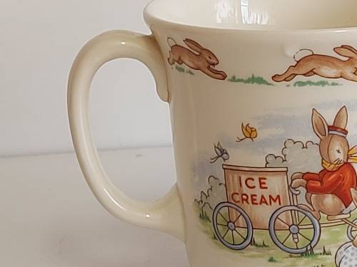 AWESOME ROYAL DOULTON BUNNYKINS TWIN HANDLE MUG WITH BRIGHT AND VIVID IMAGES