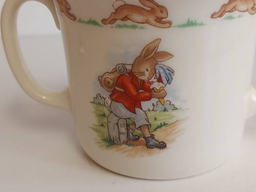 AWESOME ROYAL DOULTON BUNNYKINS TWIN HANDLE MUG WITH BRIGHT AND VIVID IMAGES