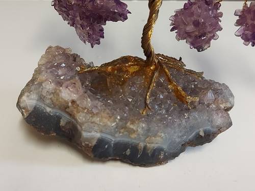 STUNNING AMETHYST CRYSTALS TREE MOUNTED ON A SMALL SEGMENT OF AN AMETHYST GEODE