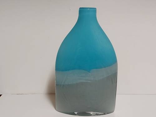 STUNNING VINTAGE 1960s MURANO AQUA BLUE AND GREY OPALESCENT ART GLASS FLAT BOTTLE VASE
