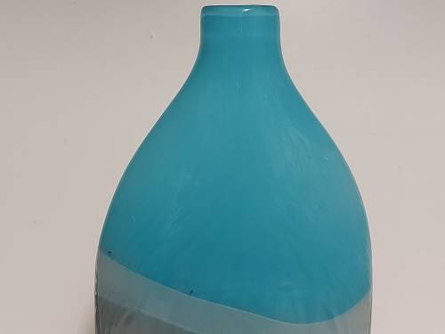 STUNNING VINTAGE 1960s MURANO AQUA BLUE AND GREY OPALESCENT ART GLASS FLAT BOTTLE VASE