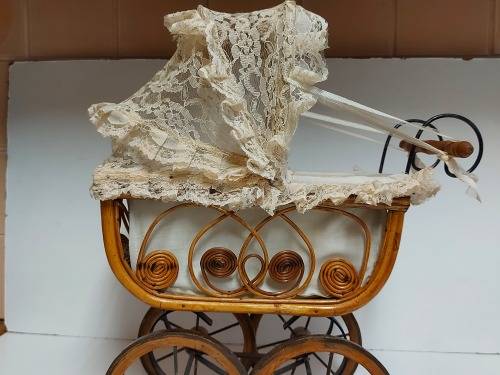 AWESOME! STUNNING VINTAGE ORNATE DESIGN CANE AND STEEL DOLL`S PRAM WITH A LACE BONNET