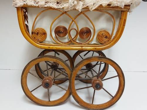 AWESOME! STUNNING VINTAGE ORNATE DESIGN CANE AND STEEL DOLL`S PRAM WITH A LACE BONNET