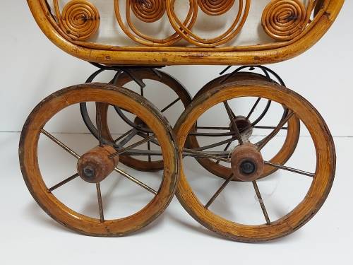 AWESOME! STUNNING VINTAGE ORNATE DESIGN CANE AND STEEL DOLL`S PRAM WITH A LACE BONNET