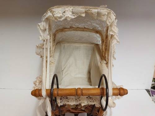 AWESOME! STUNNING VINTAGE ORNATE DESIGN CANE AND STEEL DOLL`S PRAM WITH A LACE BONNET