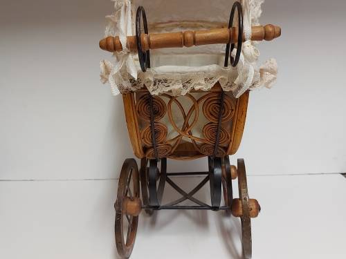 AWESOME! STUNNING VINTAGE ORNATE DESIGN CANE AND STEEL DOLL`S PRAM WITH A LACE BONNET