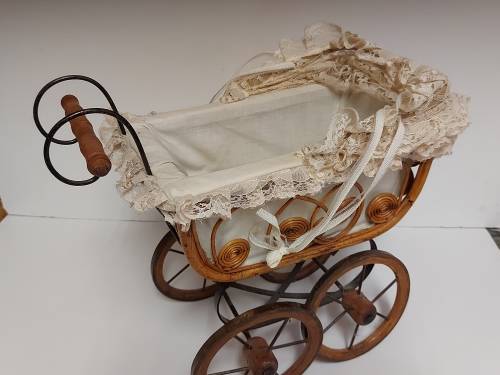 AWESOME! STUNNING VINTAGE ORNATE DESIGN CANE AND STEEL DOLL`S PRAM WITH A LACE BONNET