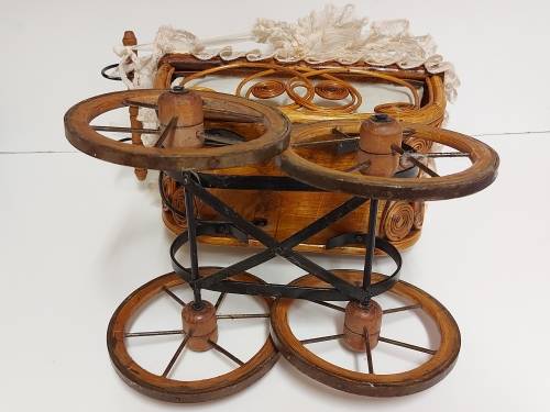AWESOME! STUNNING VINTAGE ORNATE DESIGN CANE AND STEEL DOLL`S PRAM WITH A LACE BONNET