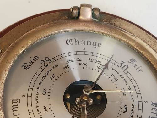 VINTAGE WEATHERMASTER WOOD AND BRASS PORTHOLE BAROMETER