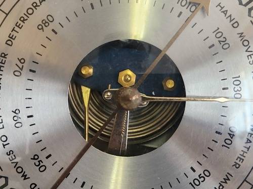 VINTAGE WEATHERMASTER WOOD AND BRASS PORTHOLE BAROMETER