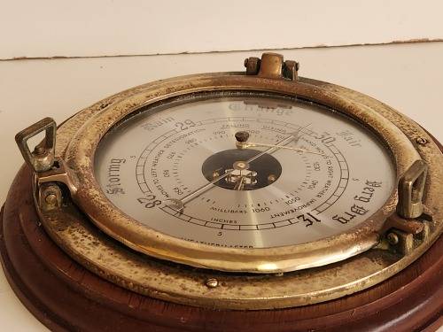 VINTAGE WEATHERMASTER WOOD AND BRASS PORTHOLE BAROMETER