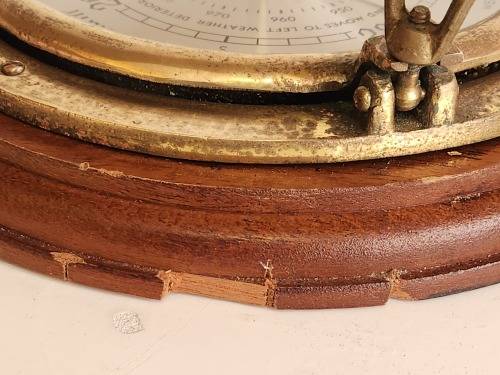 VINTAGE WEATHERMASTER WOOD AND BRASS PORTHOLE BAROMETER