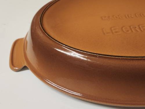 LARGE LE CREUSET FRANCE ENAMELED CAST IRON TWIN HANDLED OVEN DISH, MARKED 32
