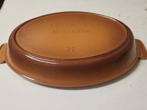 LARGE LE CREUSET FRANCE ENAMELED CAST IRON TWIN HANDLED OVEN DISH, MARKED 32