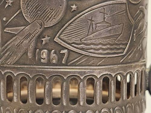 GREAT FIND! 1917-1967 RUSSIAN SILVER METAL USSR SPACE PODSTAKANNIK MHU U 2P59K GLASS HOLDER