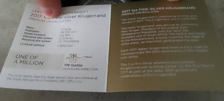 WOW # 2017  Premium 1oz Silver Kruger Rand  - Bid Per Coin