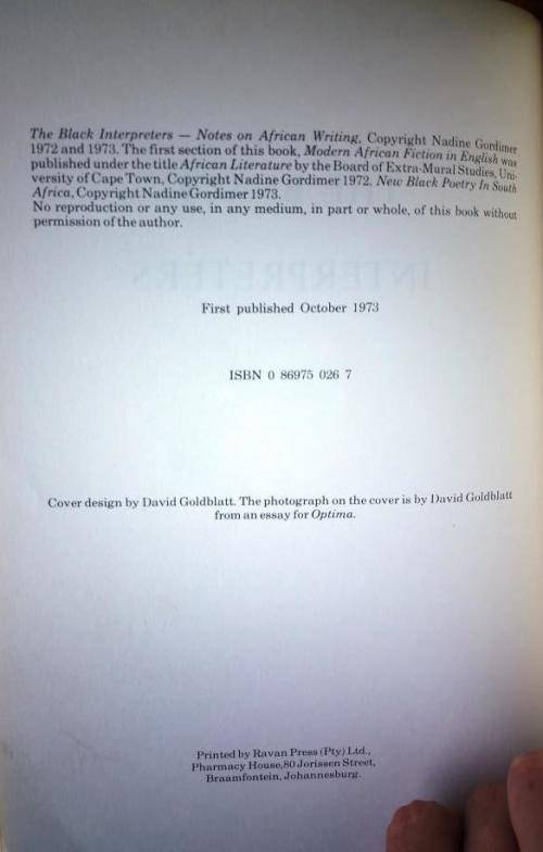 Nadine Gordimer- The Black Interpreters - notes on African writing