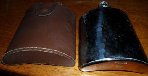 MILITARY COLLECTIBLES GERMAN TIN LINED 8OZ HIP FLASK 1950S-HAMMERED CHROME