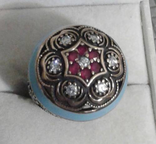 925 Sterling Silver & Gold Accents Ring with Enamel, Rubies & White Stones 16g
