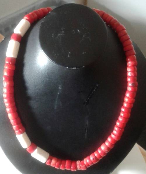 Genuine White Coral Barrel Beads with Red Dyed Bamboo Coral Necklace