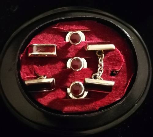 Stratton Cufflinks and Shirt Studs with Garnet? Red Stone Inlay