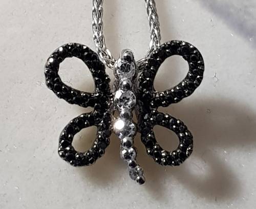 9ct White Gold Chain with Dragonfly Pendant Encrusted with Black and Clear Diamonds