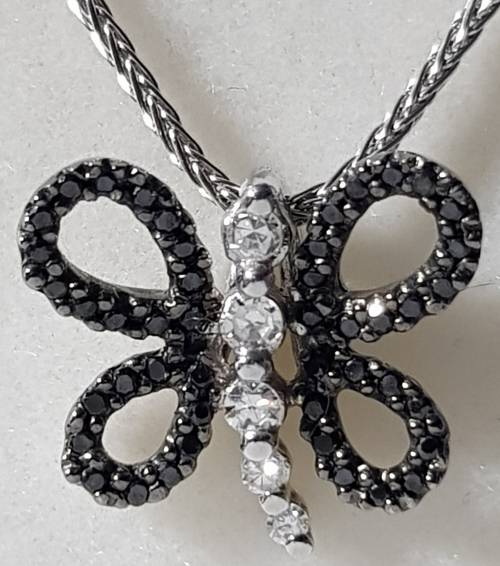 9ct White Gold Chain with Dragonfly Pendant Encrusted with Black and Clear Diamonds