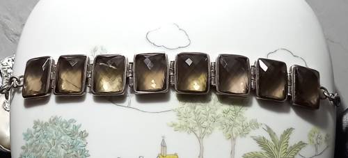 Stunning Vintage Sterling Silver Checkerboard Faceted Smoky Quartz Chunky Bracelet 61.9grams