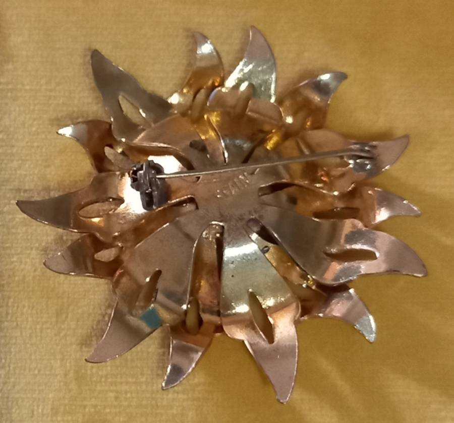 Vintage Spain Signed Gold Tone Sunburst Brooch