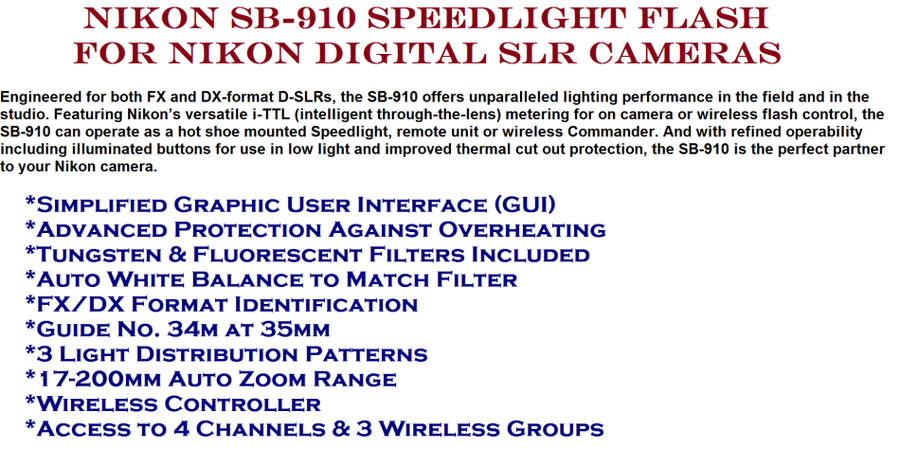 Nikon SB-910 Speedlight Flash for Nikon Digital SLR Cameras