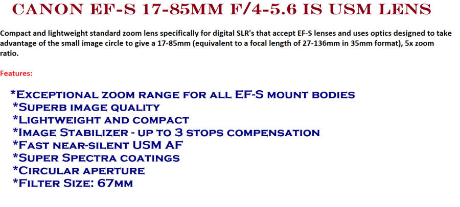 Canon EF-S 17-85mm f/4-5.6 IS USM Lens IN EXCELLENT CONDITION