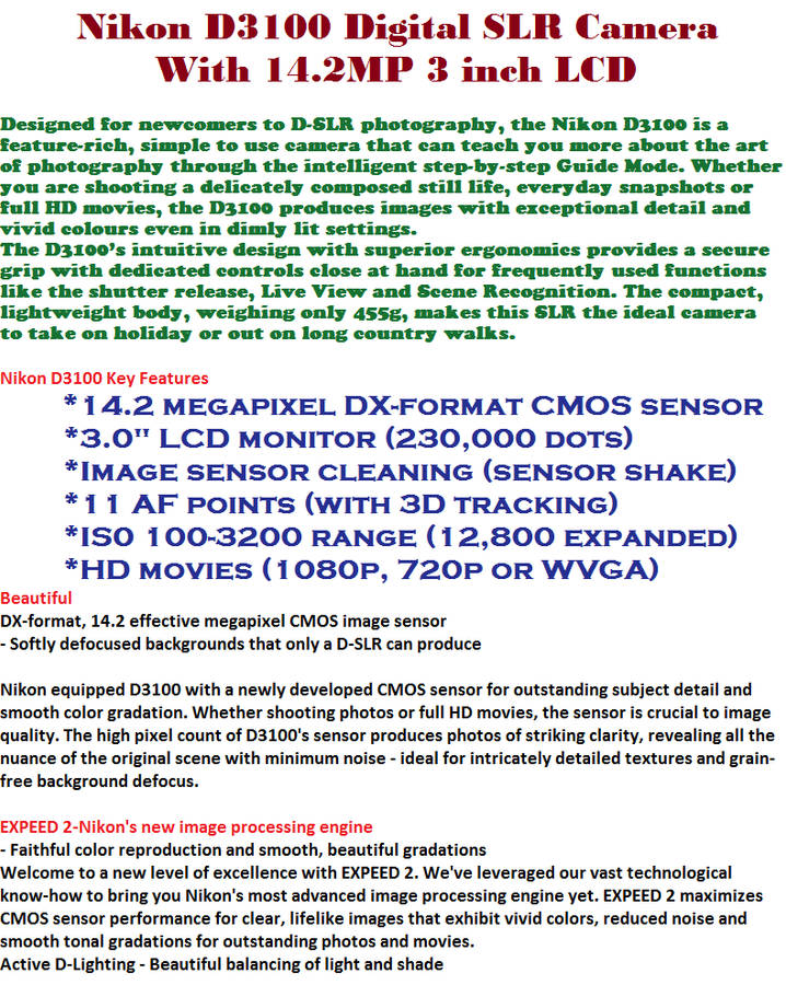 NIKON D3100 14.2MP ,FULL HD MOVIES, WITH 18-55MM VR LENS IN VERY GOOD CONDTION WITH CHARGER