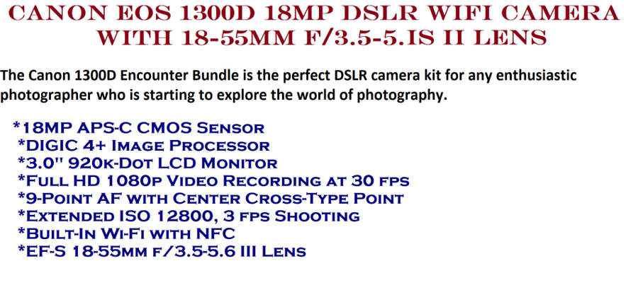 Canon EOS 1300D 18MP DSLR , FULL HD MOVIES with WIFI ,18-55MM IS II LENS  ,VERY GOOD CONDITION