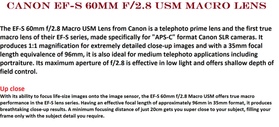 Canon EF-S 60mm f/2.8 USM Macro Lens IN EXCELLENT CONDITION