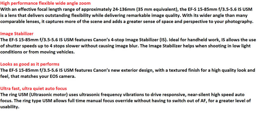 Canon EF-S 15-85mm f/3.5-5.6 IS USM Lens IN EXCELLENT CONDITON WITH BOTH LENS CAPS AND LENS HOOD