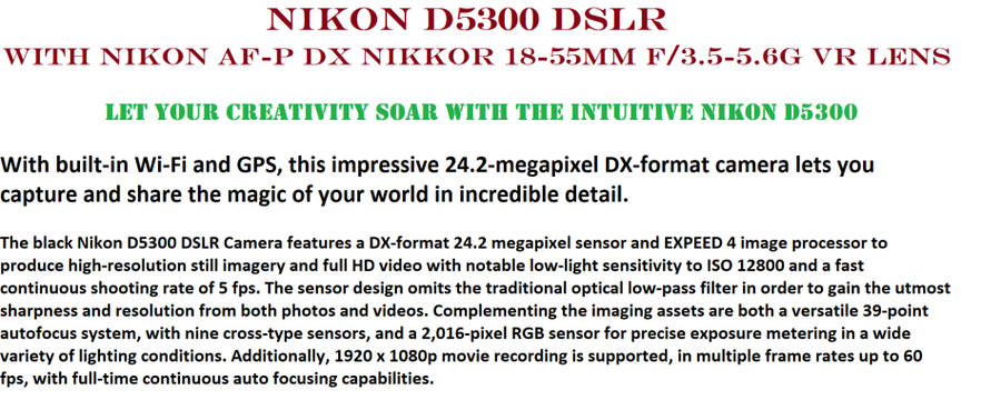 Nikon D5300 24MP DSLR with Nikon 18-55mm f/3.5-5.6G VR Lens , 4000 PICTURES S ON THE CLOCK ONLY